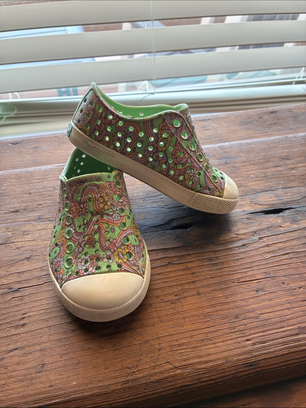 Native Shoes Kids Slip-On Sneakers in Green and Cream with Floral Pattern